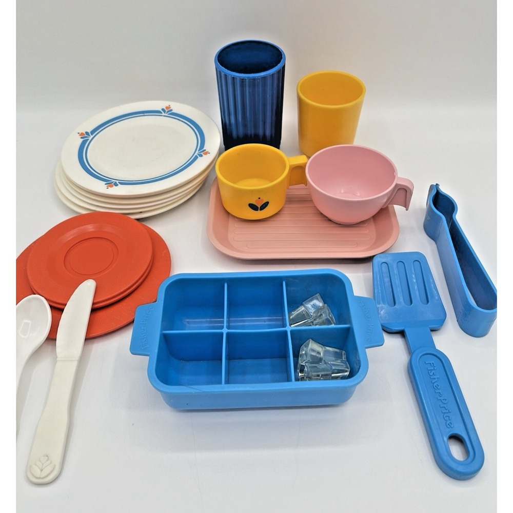 Vintage Fisher Price Fun With Food Dishes Playset 21 Pcs Pretend Kitchen 1980's